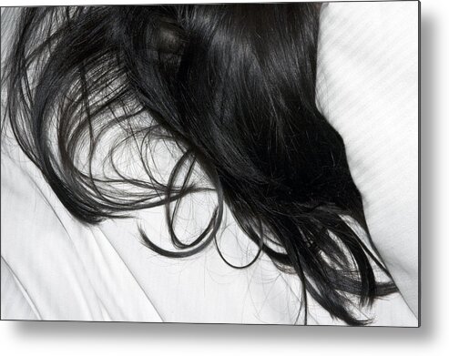 Hair Metal Print featuring the photograph Long dark hair of a woman on white pillow by Matthias Hauser