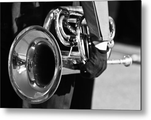 Cornet Metal Print featuring the photograph Marching Band Horn BW by James BO Insogna