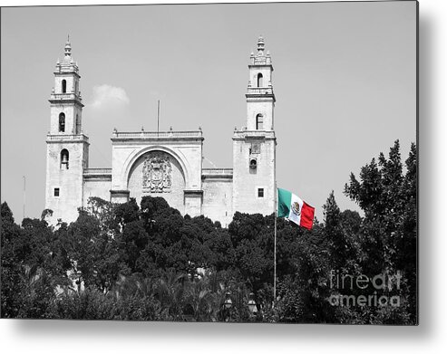 Merida Metal Print featuring the photograph Mexico Flag on Merida Cathedral San Ildefonso Town Square Color Splash Black and White by Shawn O'Brien