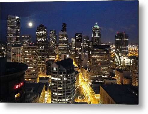 Seattle Metal Print featuring the photograph Moonlit Seattle Skyline by Robert Meyers-Lussier