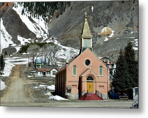 Silverton Metal Print featuring the photograph Mountain Chapel With Red Steps by Lorraine Devon Wilke