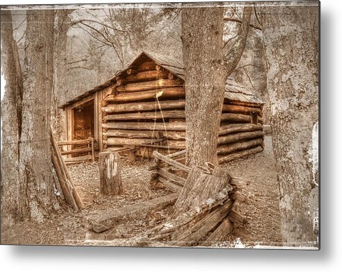 Sepia Metal Print featuring the photograph Old Mill Work Cabin by Dan Stone