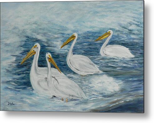 Pelicans Metal Print featuring the painting Pelicans Feeding by Donna Muller