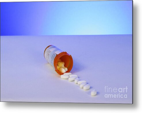 Prescription Metal Print featuring the photograph Pills Spilling Out Of A Medicine Bottle by Photo Researchers, Inc.