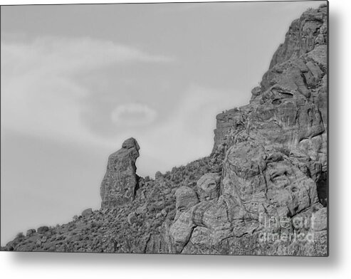'praying Monk' Metal Print featuring the photograph Praying Monk with Halo Camelback Mountain BW by James BO Insogna