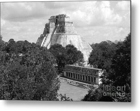 Uxmal Metal Print featuring the photograph Pyramid of the Magician and Columns Group Structure at Uxmal Mexico Black and White by Shawn O'Brien