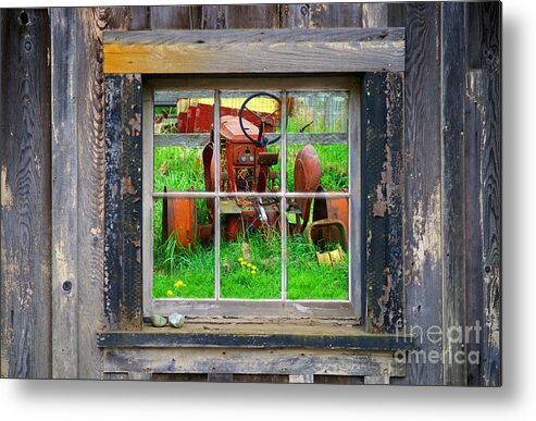 Window Metal Print featuring the photograph Red Tractor thru Old Window by Randy Harris