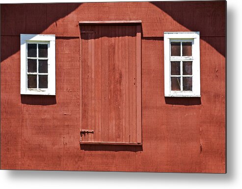 Americana Metal Print featuring the photograph Rustic Red Barn Door with Two White Wood Windows by David Letts