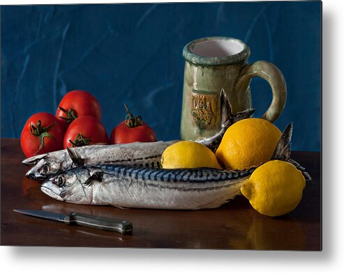 Still Life Metal Print featuring the photograph Still life with mackerels lemons and tomatoes by Juan Carlos Ferro Duque