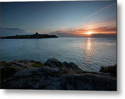 Sunrise Dawn Reflections Clouds Sky Colours Reds Yellows irish Sea Ocean Water Waves Rocks Seascape co.dublin Ireland Metal Print featuring the photograph Sunrise at Dalkey Island by Celine Pollard