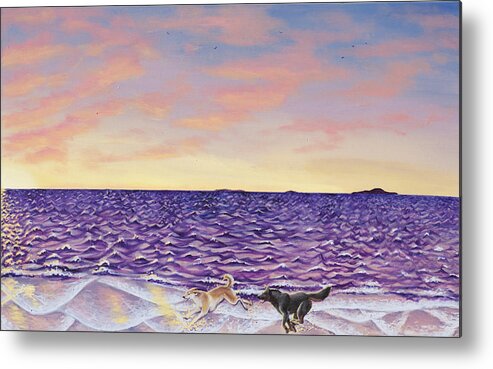 Beach Dogs Sunset Ocean Sea Tide Sundown Clouds Sky Play Running Sand Pets Animals Metal Print featuring the painting The Beach by Beth Davies