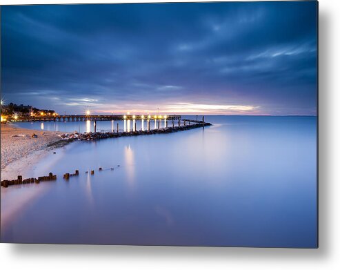 Pre-dawn Clouds very Early Light Sunrise north Beach chesapeake Bay Maryland Pier Pilings Beach Sand Jetty Breakwater long Exposure super Long Exposure Flow Smooth Metal Print featuring the photograph The Beginning by Edward Kreis