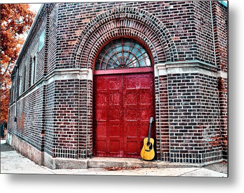 The Red Door And The Guitar Metal Print featuring the photograph The Red Door and the Guitar by Bill Cannon