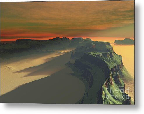 Sand Metal Print featuring the digital art The Sun Sets On This Desert Landscape by Corey Ford