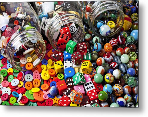 Three Jars Buttons Metal Print featuring the photograph Three jars of buttons dice and marbles by Garry Gay