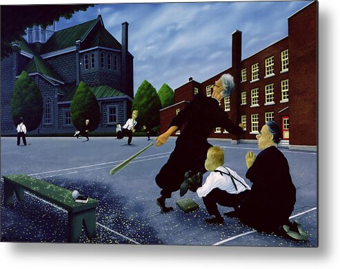 Baseball; Priest; Priests; Braces; Catholic College; College; Playing Baseball Metal Print featuring the painting To The Glory of God by Stephane Poulin