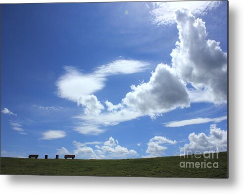 Sky Metal Print featuring the photograph Two benches by Jim Sauchyn