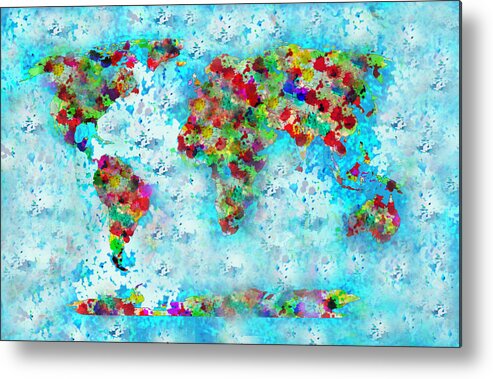 Watercolor Splashes World Map Metal Print featuring the painting Watercolor Splashes World Map by Georgeta Blanaru