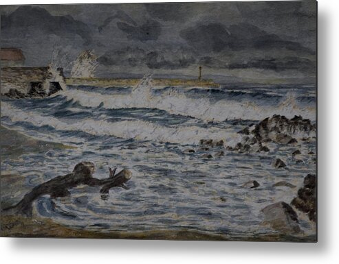 Water Metal Print featuring the painting Waves On The Pier by Rob Hemphill