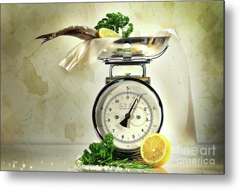 Animal Metal Print featuring the photograph Weight scale with fish by Sandra Cunningham