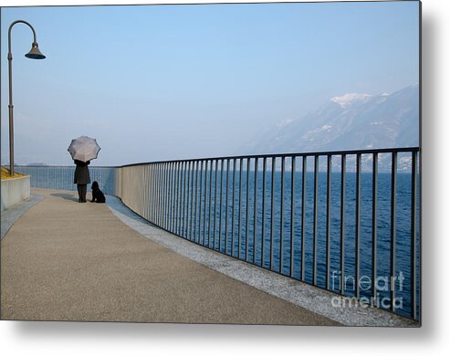 Woman Metal Print featuring the photograph Woman and her dog on the path by Mats Silvan