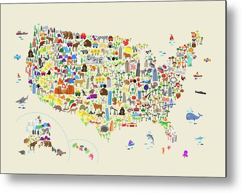 Usa Map Metal Print featuring the digital art Animal Map of United States for children and kids #1 by Michael Tompsett