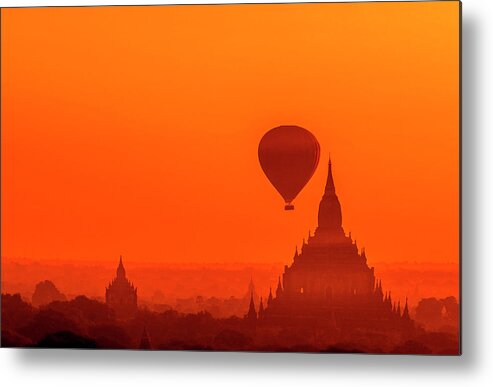 Travel Metal Print featuring the photograph Bagan pagodas and hot air balloon #1 by Pradeep Raja Prints
