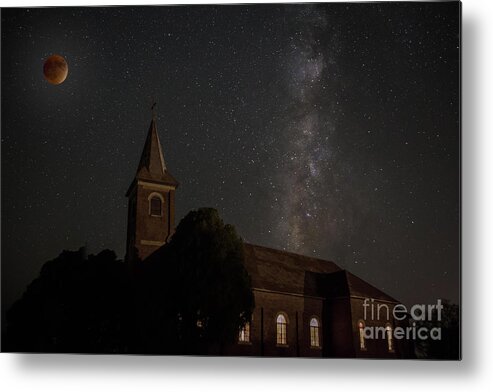 Abandoned Church; Bomarton; Texas; Astrophotography; Blood Moon; Supermoon; Lunar Eclipse; Spirituality; Christian; Christianity; Church; Cross; Christ; Built Structure; City; Architecture; Outdoors; Landmark; Historical Landmark; Tranquil Scene; Past; History; Travel Destinations; Old Ruin; Usa; Ancient; Stone; Night; Color Image; Abandoned; Old Building; Ruins; Ruin; Night Photography; Light Painting; Painting With Light; Storm Clouds; Night Sky; Texas Landscapes Metal Print featuring the photograph Blood Moon over St. Johns Church #1 by Keith Kapple