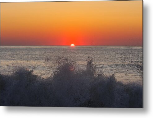 Atlantic Ocean Rehoboth Beach Deleware Nature Sunrise Pier Wave Frothy Sun Red Orange Water Breaking Waves Metal Print featuring the photograph Breaking Wave at Sunrise #2 by Allan Levin