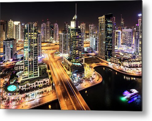 Dubai Metal Print featuring the photograph Dubai Marina at night #1 by Alexey Stiop