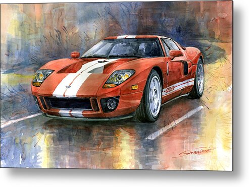Watercolor Metal Print featuring the painting Ford GT 40 2006 by Yuriy Shevchuk