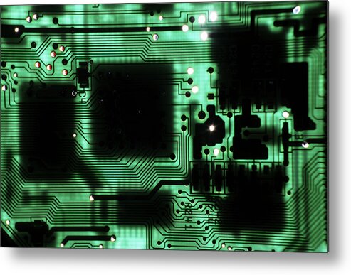Circuit Board Metal Print featuring the photograph Integrated circuit board from a computer #1 by Sami Sarkis