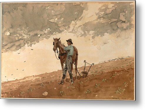 Winslow Homer Metal Print featuring the drawing Man with Plow Horse by Winslow Homer