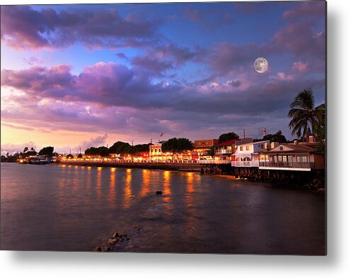 Lahaina Maui Hawaii City Lights Sunset Moon Seascape Metal Print featuring the photograph Moon Over Maui #1 by James Roemmling