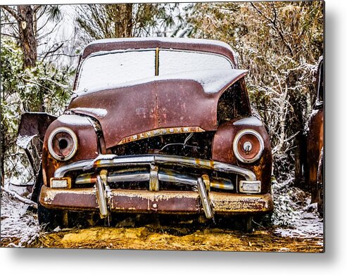 Metal Metal Print featuring the photograph Old Vintage Plymouth Automobile In The Woods Covered In Snow #1 by Alex Grichenko