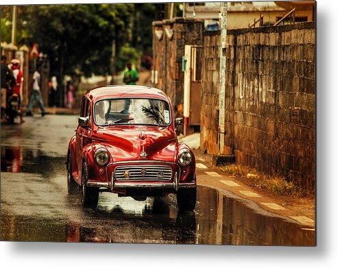 Morris Minor Metal Print featuring the photograph Red Retromobile. Morris Minor #1 by Jenny Rainbow