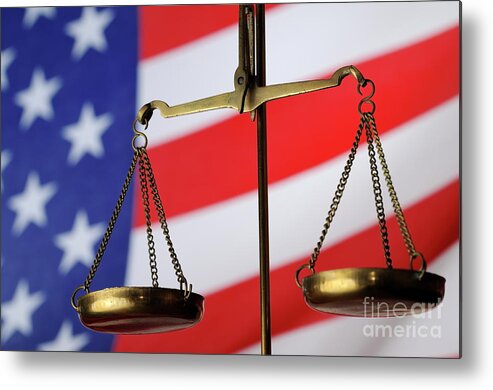 Authority Metal Print featuring the photograph Scales of Justice and American flag #1 by Sami Sarkis