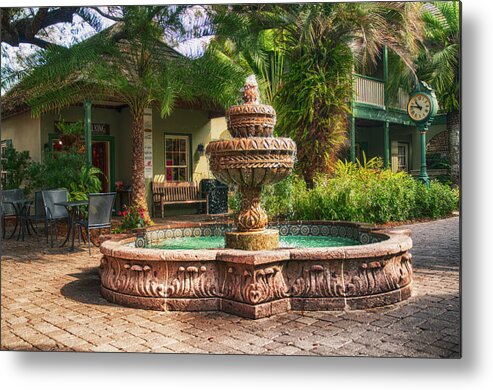 Fountain; Spanish; St. Augustine; Florida; St. George Street; Shops Metal Print featuring the photograph Spanish Fountain #1 by Mick Burkey