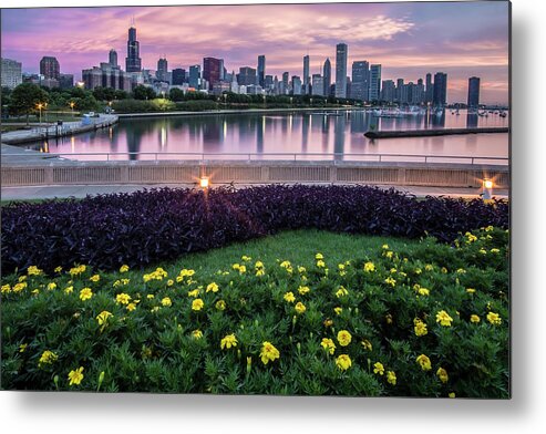 Monroe Harbor Metal Print featuring the photograph summer flowers and Chicago skyline #1 by Sven Brogren