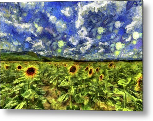Van Gogh Metal Print featuring the mixed media Sunflower Field Van Gogh #1 by David Pyatt