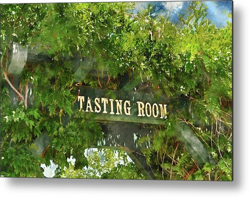 Green Metal Print featuring the photograph Tasting Room Sign #1 by Brandon Bourdages