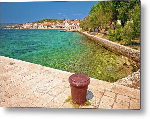 Prvic Metal Print featuring the photograph Turquoise beach of Prvic island and town of Prvic Sepurine view #1 by Brch Photography