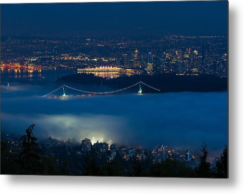Autumn Metal Print featuring the photograph View of Lions Gate Bridge and Vancouver in the Fog by Michael Russell