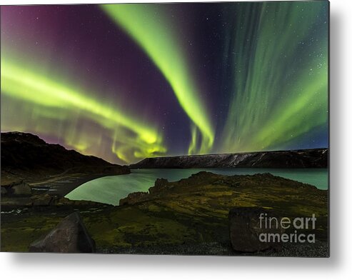 Northern Lights Metal Print featuring the photograph Kleifarvatn Lake northern lights by Gunnar Orn Arnason