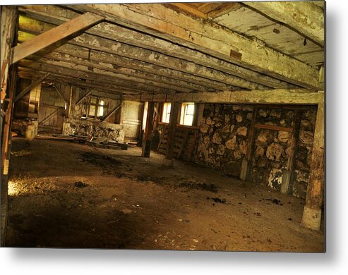 Farm Metal Print featuring the digital art 1855 Maple Dell Farm Barn Interior by Robert Habermehl