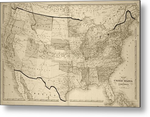 United Metal Print featuring the digital art 1876 Map of the United States Sepia by Toby McGuire