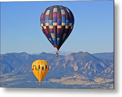 Balloon Metal Print featuring the photograph 2 Balloons Flying Over the Flatirons by Scott Mahon