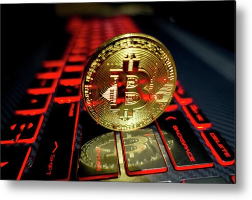 Keyboard Metal Print featuring the photograph Bitcoin coin l on laptop keyboard #2 by Alex Grichenko