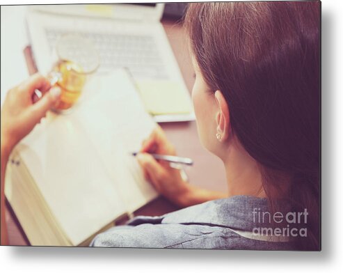 At Work Metal Print featuring the photograph Business woman at work #2 by Anna Om