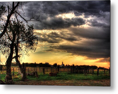 Old Buildings Old Shack Old Homestead Farming Farm Land Ranch House Trees Old Trees Mamantas Clouds Stormy Weather Overcast Kitchen Stove Shed Shack Homestead Ruins Metal Print featuring the photograph Day End #2 by David Matthews